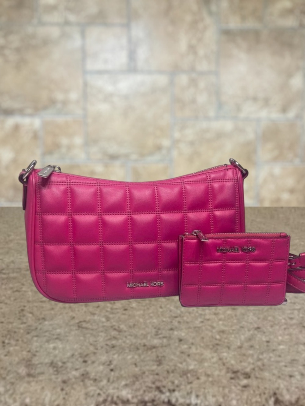 Michael Kors Carmela Medium Quilted Crossbody Bag & Matching Wallet Dragonfruit